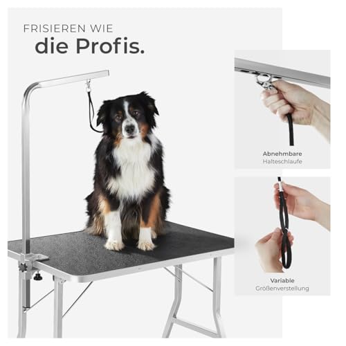 tectake® Haustier Trimmtisch, Frisiertisch Hund und Katze, Pflegetisch, Hundefriseur Zubehör, Dog Grooming, mit Galgen, Groomer Tisch klappbar, Schertisch Hund gummiert und Kratzfest - schwarz/grau