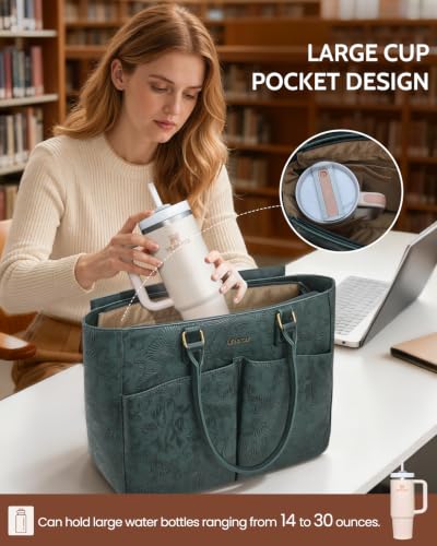 Image of Laptop Tote Bag for Women, Leather Work Tote with Padded Laptop Compartment, Cup Holder, Office Computer Briefcase
