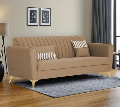 Image of Adorn India Premium Luster 3 Seater | Velvet Suede Fabric | 3-Year Warranty | Color Camel with Golden Legs & Striped Pattern Cushion