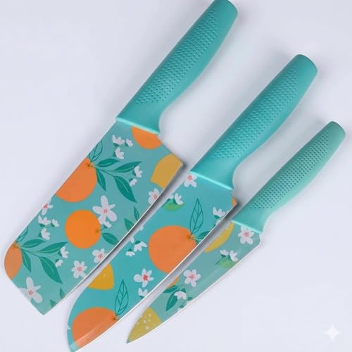 Image of Qshare 3 Piece Professional Kitchen Knife Set with High Carbon Stainless Steel Black Coated Blades, Ergonomic Anti-Slip Handles, and Chef, Santoku, Utility Knives for Home and Restaurant Use
