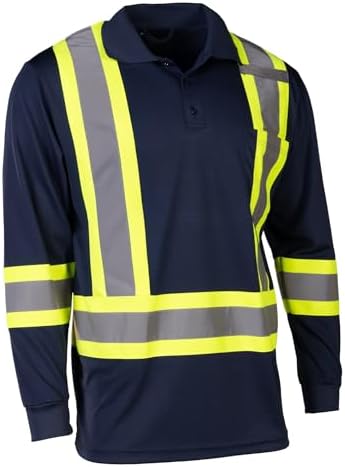 FORCEFIELD Hi-Vis Reflective Long Sleeve Safety Polo Shirt, Breathable Polyester Birdseye Knit with Chest Pocket (CA/US, Alpha, X-Large, Regular, Regular, Navy)