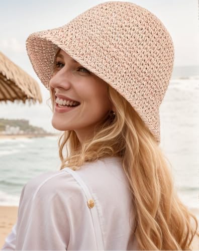 Image of Womens Floppy Straw Sun Hat Packable Wide Brim Summer Beach Hat Foldable Crochet Bucket Hats