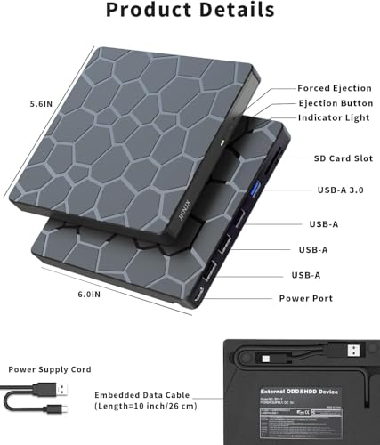 Image of External CD DVD Drive,8 in 1 USB 3.0 and Type-C CD Burner Player Writer with 4 USB Ports and 1 TF /SD Card Slots,Ultra Slim Optical Disk Driver for Laptop Mac PC Windows Linux OS