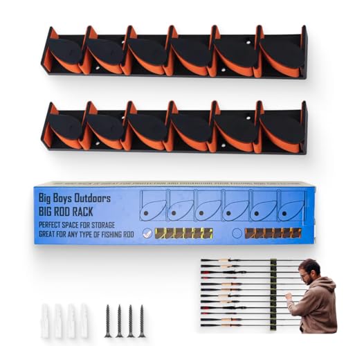 Big Boys Outdoors Wall-Mounted 2 Pack Veritcle Fishing Rod Holder Holds Up to 6 Rods or Combos up to 12 - Sturdy & Space-Saving Fishing Rod Holders for Organizing Fishing Gear (Orange)