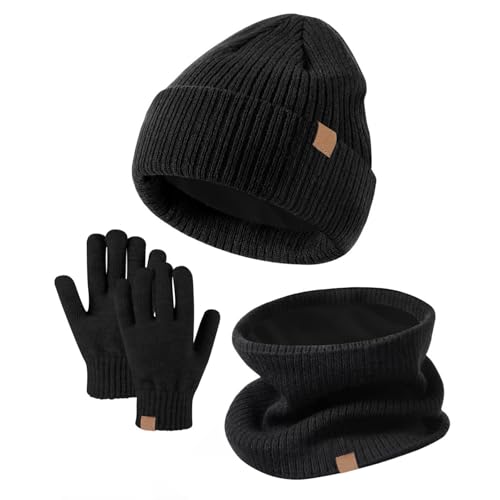 MUNSKT Wintermütze, Schal, Handschuhe, Set, warme Thermo-Strickmütze, Schlauchschal, Halswärmer, Touchscreen-Fäustlinge, weiches Fleecefutter, elastisch, für Kinder im Alter von 5–12 Jahren
