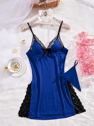 Image of Foxiny Sexy Split Side Floral Lace Trim Full Slip Night Gown Babydoll Lingerie Dress with Thong 2 piece