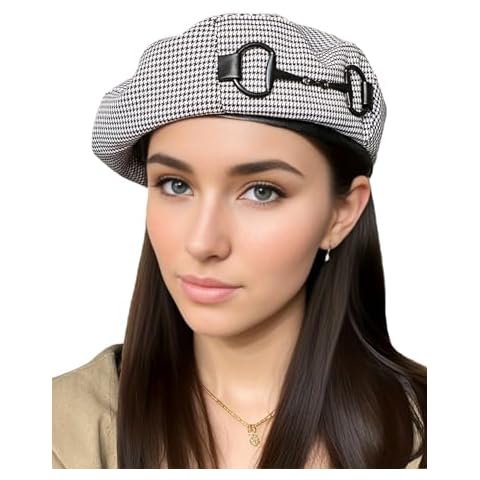 Women’s Houndstooth Beret with Leather Edge Cover