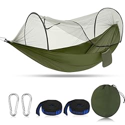 Hamaca Ultraligera de Viaje con Mosquitera para Ca...: Materiales de alta calidad: Hamaca para exteriores está hecha de tela de nailon 210T de alta calidad, que tiene una excelente resistencia al desgaste, al desgarro y a la suciedad. Tamaño de lujo, 260 x 140 cm, incluye dos mosquetones de alta resisten...
