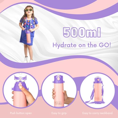 Image of CRYA Kidster Sipper 500ml Stainless Steel Water Bottle for Hot and Cold Beverages for Upto 24 Hours, BPA Free and Leakproof Thermosteel Double Walled Insulated Vacuum Thermos Flask (Blossom Pink)