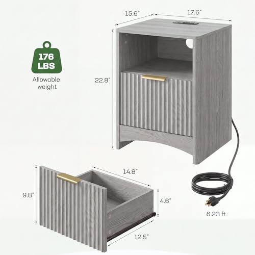 Image of Marsail Fluted Nightstand Set of 2, Wooden Nightstands with Drawers, Modern Bedside Table with Charging Station and Storage, End Table with Storage Side Table for Bedroom, Grey
