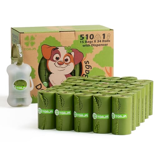 YORJA Bolsas para excrementos para perros con dispensador y soporte, 510 bolsas de basura para mascotas, 100% a prueba de fugas, extra gruesas y fuertes mezcla de almidón de maíz (verde)