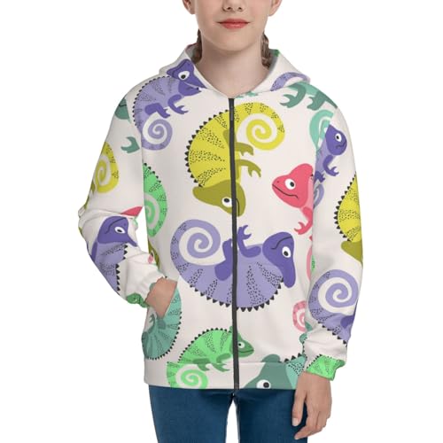 Colorful Pattern With Cute Chameleons Kids Pullover Hoodies Boys Zip Up Sweatshirts Girls Athletic Clothes with Pocket3