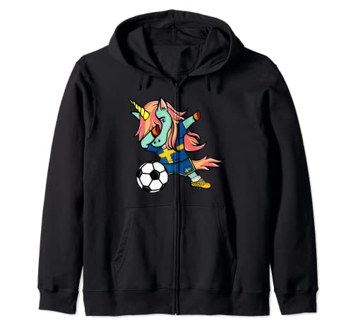 Dabbing Unicorn Sweden Soccer Fans Jersey Swedish Football Zip Hoodie, Black