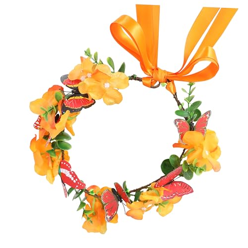 Gmmidea Butterfly Flower Crown for Women Girls Fairy Flower Headband Crown Adjustable Wedding Festival Floral Hair Wreath Orange