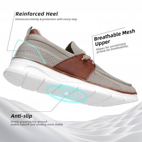 Image of Mens Casual Slip in Boat Shoes Fashion Lightweight Slip On Loafers Walking Beach Sneakers Work Mesh Oxfords Soft Sole Khaki