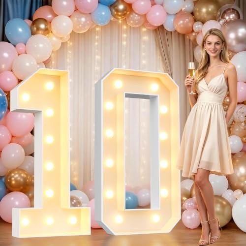 Image of Pooqla 4FT Marquee Numbers, Large Light Up Number 10th Birthday Party Decor | Warm White LED Marquee Light Up Numbers 4 Feet Tall, Party Decorations for 10th Birthday Anniversary Photo Backdrop