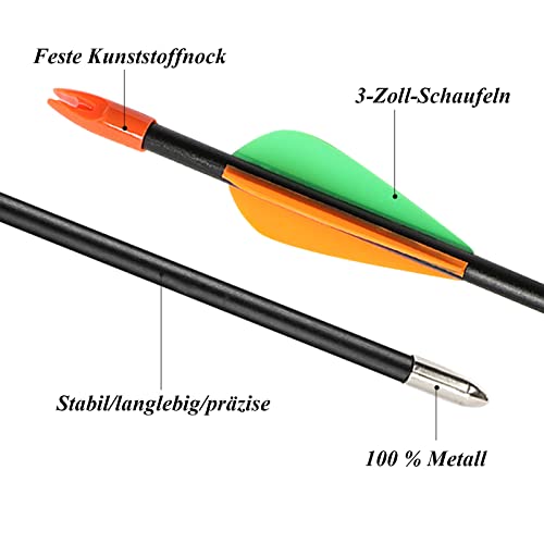 Pfeile für Bogenschießen Kinder,12er Set aus Fiberglas mit Spitze Metal Kinder Bogen 28 Zoll