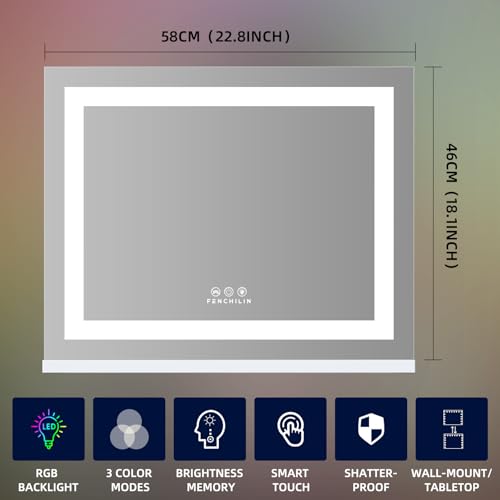 FENCHILIN Espejo Maquillaje con Luz 58x46cm Barra de Luz RGB Espejo de Maquillaje con 3 Colores Regulable Espejo Táctil Inteligente para Escritorio Montaje en Pared Cristal Templado Blanco - imagen 7