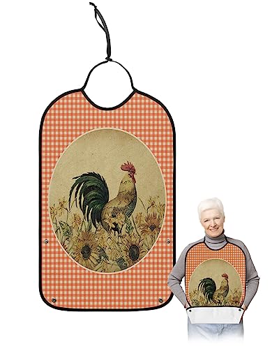 Farmhouse Rooster Adult Bibs for Eating, Waterproof Bibs with Food Catcher & Adjustable Snap Closure, Rustic Orange Plaid Sunflower Washable Clothing Protectors Adult Bibs for Elderly Women/Men