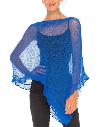 Image of SHU-SHI Women's Sheer Knit Poncho Shrug Lightweight Asymmetrical Ruffle Wrap Dressy Summer Shawl Cover Up Top