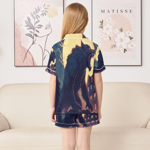 ALAZA Wolf Moon House Satin Pajamas Set Short Sleeve Button Down Sleepwear Summer Pjs 2 Piece4