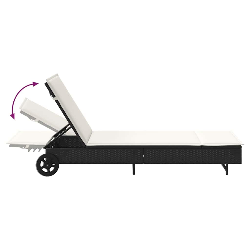 Lettino prendisole con ruote e cuscino nero, in polyrattan, schienale regolabile, con schienale regolabile in 3 posizioni, con cuscino e cuscino imbottito spesso