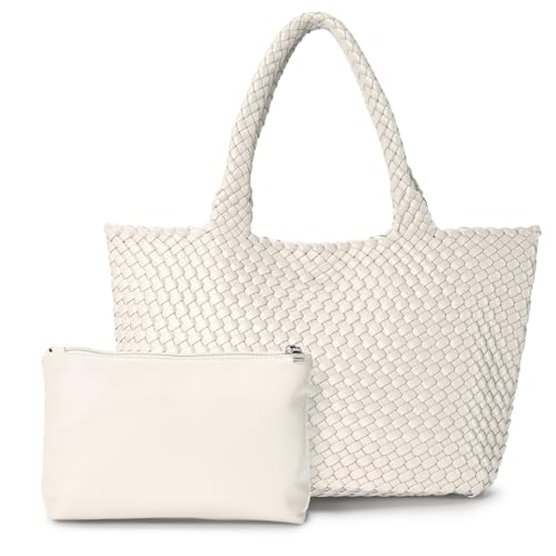 Image of Woven Tote Bag for Women, Large Vegan Leather Tote with Inner Pouch | Soft Woven Texture,Relaxed Style,Shoulder Tote Bag,Unstructured Tote,Casual Woven Handbag,Open Interior,Removable Pouch
