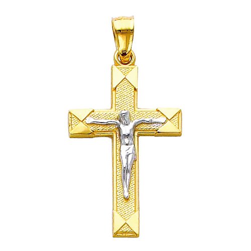 The World Jewelry Center 14k Two Tone Gold Jesus Cross Religious Pendant with 1.5mm Flat Open Wheat Chain Necklace2