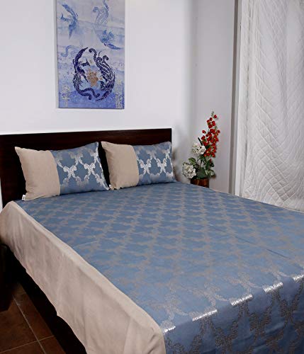 Image of Blue Self Design Double Cotton Jacquard Bedcover with 2 Pillow Covers, Pack of 1