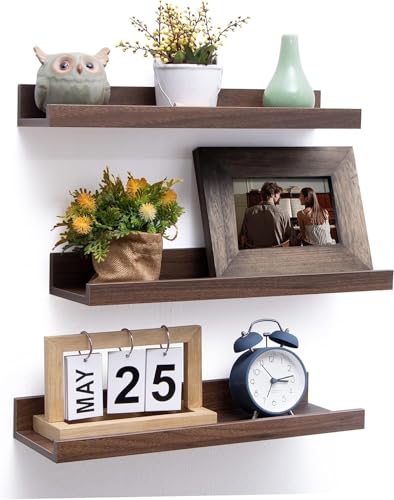 Image of Wooden Floating Wall Shelves Set of 3 for Living Room & Bedroom | Modern Wall Mounted Display Rack for Decor, Photo Frames, Plants & Storage (Walnut, 16 Inch)