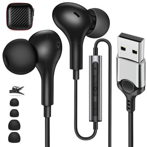 USB Earbuds with Microphone for PC Laptop,Wired USBA Headset with Mic in Ear Buds Noise Isolating Light Laptop Earphones Headphones for Dell HP Surface Computer Office Zoom Work Gaming School,Black