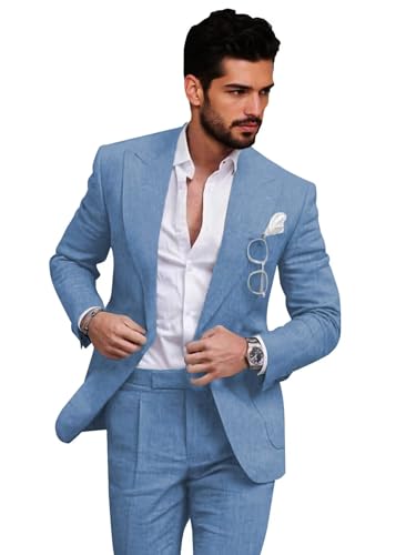 Mens Linen Suits 2 Piece Slim Fit Outfit for Summer Mens Suits for Beach Wedding Prom Suit Blazer Pants Set