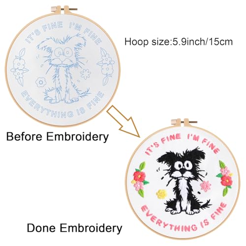 Image of Louise Maelys Funny Dog Embroidery Kit for Beginners Floral Craft | Cross Stitch Kits with Pre-Printed Fabric, Embroidery Hoop, Threads, Needles and Guide. Needlepoint Kit for Beginners