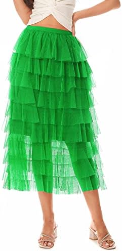 BDQING Women's Elastic Waist Tiered Layered Mesh Ballet Prom Party Tulle Tutu A-line Long Skirt(Green,XL)