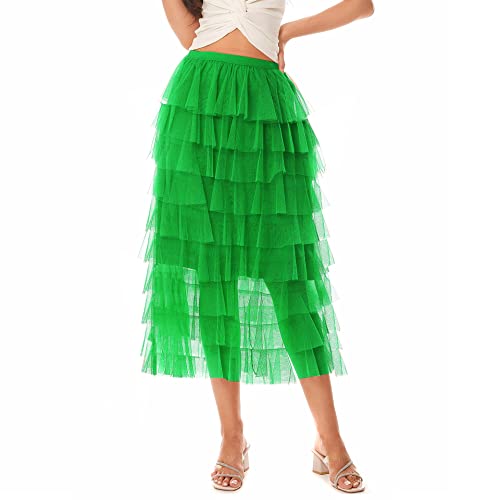 Bdqing Women's Elastic Waist Tiered Layered Mesh Ballet Prom Party Tulle Tutu A-Line Long Skirt(Green,Xl) #TOP19