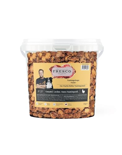 FRESCO Martin Rütter Trainingsdrops Huhn | 1 kg Eimer | Ergänzungsfuttermittelsnack für Hunde zur Belohnung | Monoprotein aus Hühnerfleisch | Ohne künstliche Zusätze