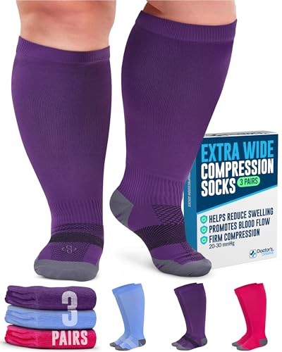 Doctor's Select 3 Pairs Plus Size Compression Socks Wide Calf - Up to 6XL | 20-30 mmHg Compression Socks for Women Wide Calf | Pink, Purple, Blue