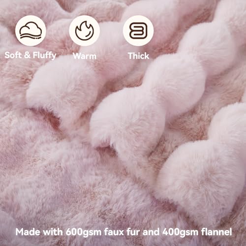 Faux Fur Throw Blanket, 1000GSM Fluffy Soft Bubble Blanket for Couch Bed, Cozy Plush Warm and Thick Blanket, Fuzzy Rabbit Lola Throw for Living Room Bedroom 80''*90'' Pink