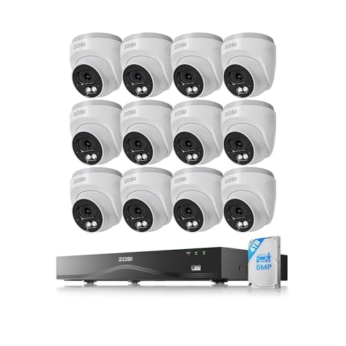 ZOSI 4K Kit Cámara de Vigilancia PoE Exterior 8MP 16CH NVR(Ampliable a 32CH) Sistema con 4TB Disco Duro para Grabación 24/7, Detección de Persona/Vehículo, Visión Nocturna, 12pcs C220
