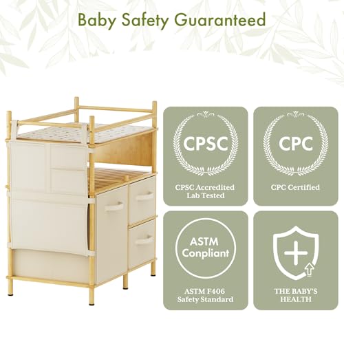Image of Amazer Baby Changing Table, Bamboo Baby Dresser Table with Flat Top, Diaper Changing Station with 3 Removable Storage Drawers, Large Storage Nursery Organizer Shelves with Pad, Mesh Pocket