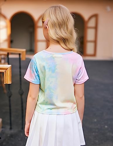 Boyoo Girl's Short Sleeve T Shirt Kids Fashion Tee Tie Dye Crewneck Rolled Cuffs Crop Top for 5-14 Years4