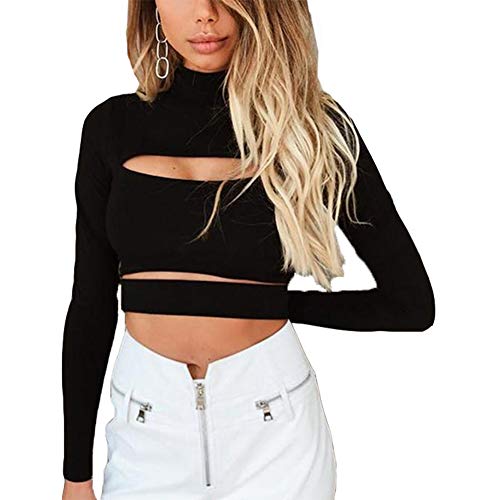 Susupeng Women Mock Neck Long Sleeve Cut Out Open Front Crop Top Tee Tops Slim Short T-Shirt (Small, Black)