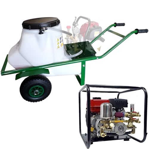 Carretilla fumigadora con Motor Mitsubishi 2,5cv y Bomba con 2 pistones 40bar 15ltr. Uso Profesional intensivo. Sulfatadora para Todo Tipo de líquidos. (60 litros)