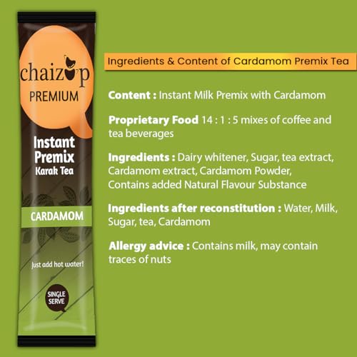 Image of Chaizup Premium 1 Min Instant Cardamom Tea Premix | Kadak Elaichi Chai | Ready to Drink | 14g Per Serve | 10 Sachets (140g)