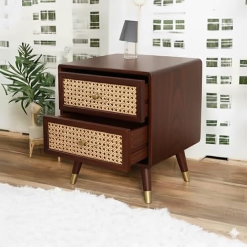Image of MISAN Boston Solid Wood Bedside Table with Rattan Drawers Mid Century Night Stand for Living Room, Bedroom (S - Walnut)