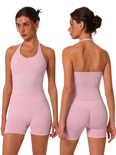 Image of ABOCIW Workout Sets for Women 2 Piece seamless Halter Sports Bra Scrunch Butt Impact Shorts Gym Yoga Outfits