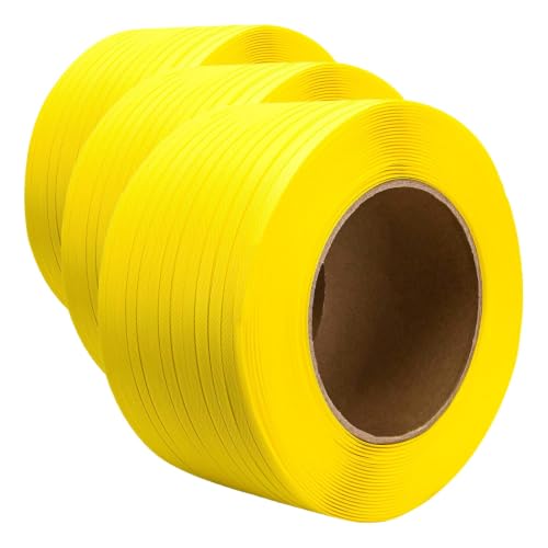 Image of Poly Strapping, Packaging Banding Strap, Pallet Strapping Roll 3280' Length - Polypropylene Strapping 1 /2 inch Width, 0.030 inch Thickness, 300 lbs Break Strength, Yellow Packing Straps (Pack of 3)
