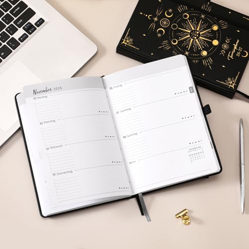 Kalender 2026 2027 - Terminplaner 2026 2027 von August 2026 bis September 2027, A5 Wochenplaner 26 27 mit Innentasche, Elastischer Verschluss, 21.3 x 14.7cm - Schwarz