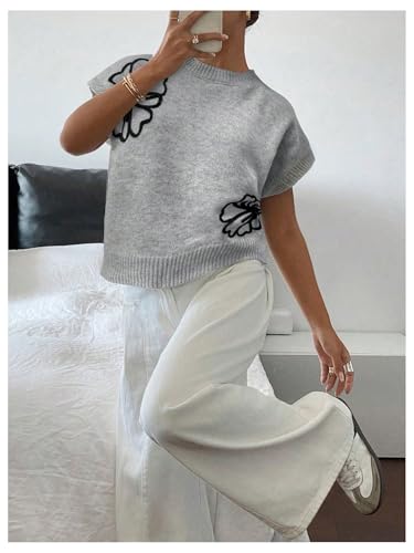 Floerns Women's Flower Floral Knit Dolman Cap Short Sleeve Crew Neck Pullover Sweaters Tops Fall Outfits Loose Fit4