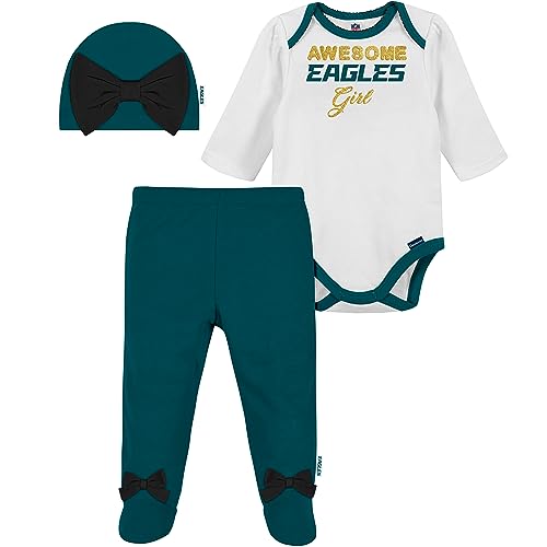 Image of Gerber NFL baby girls 3 Pack Bodysuit Registry Gift Set Footed Pant and Cap